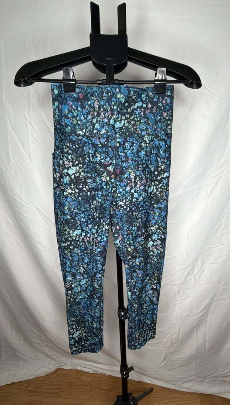 RBX Leggings Size M Blue Multi Watercolor Print Pocket Activewear